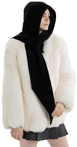 Warme 2-in-1-Strickmütze und Schal für Damen, Winter, mit Kapuze, Halswärmer, Schal, Schwarz , measures 85 CM/33.5  x 45 CM/17.7 (LxW)