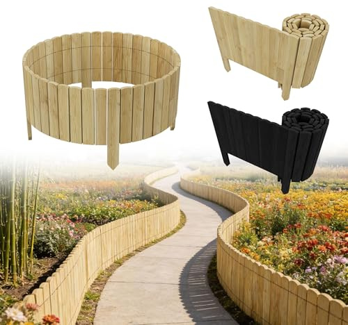 UISEBRT Rasenkante Holz,Flexibler Holzzaun Mähkante Rollborder,Holzpalisaden Steckzaun für Garten Blumenbeet umrandung Beeteinfassung Beetumrandung,Länge 200 cm,Hoch 20 cm,Natural