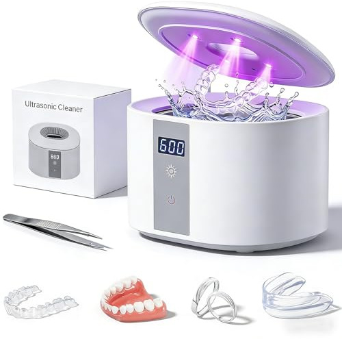 Dental Ultrasonic Retainer Cleaner Machine, 45kHz Ultrasonic Denture Cleaner with 200ML Capacity & 4 Modes for Dentures, Retainers, Mouth Guard, Toothbrush Heads, Jewelry-White