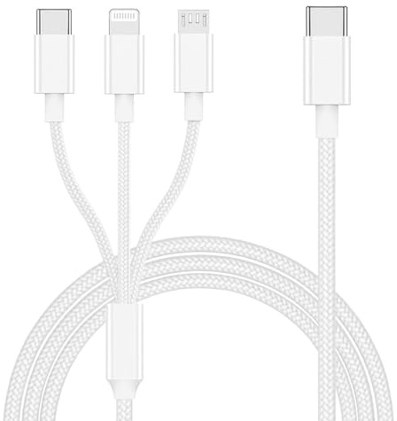 Yashvi 3-in-1 Multi Charger Cable compatible with iPhone, USB-C, Micro USB, 1.2M Fast Charging Cable, 60W PD, Braided White