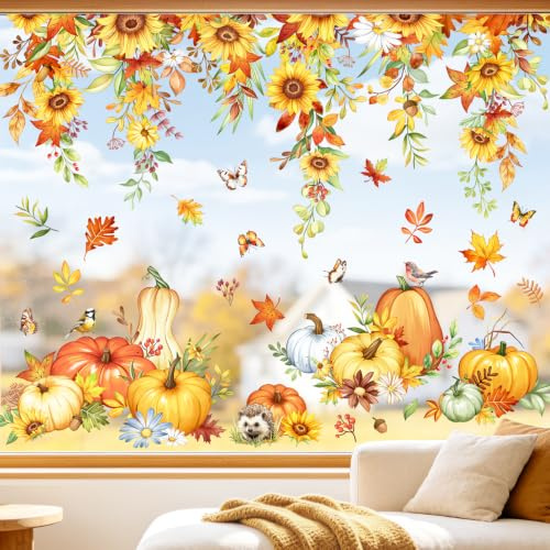 Supzone Herbst Fensteraufkleber Hängenden Herbstblättern Fenstersticker | Igel Vögeln und Schmetterlingen Bunte Kürbis Sonnenblumen Fensterbilder Wiederverwendbare Herbst Fensterdekoration