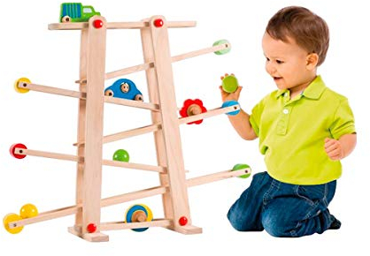 solini Kugelbahn Rollbahn - Kinder-Spielzeug aus Holz mit Autos, Scheiben & Kugeln in leuchtenden Farben - Motorik-Holzspielzeug - bunt