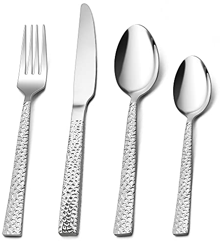 Herogo 16 Piece Cutlery Set, Stainless Steel Flatware Silverware Set for 4 People, Hammered Knife Fork Spoon for Home Hotel Restaurant, Mirror Polished & Dishwasher Safe
