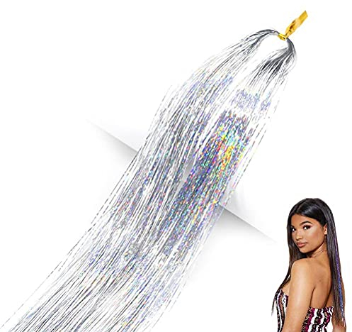 Aokeeu 220 Stück Haar Lametta Stränge, 120CM Haarlametta Verlängerungs-Set Funkelnde Glänzende Haar Lametta Extensions, Glänzende Haar Lametta Extensions Multi-Farben Haar Streifen
