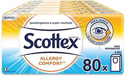 Scottex Fazzoletti Pocket Allergy, Ultra assorbenti, Oftalmologicamente testati, Confezione da 80 Pacchetti di Fazzoletti di carta (8x10)