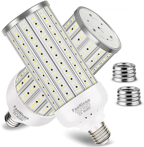FanNicoo 2 Pack 500W Equivalent LED Corn Light Bulb 5500 Lumen 6500K 60W Large Area Cool Daylight White E26/E27 Medium Base for Outdoor Indoor Garage Warehouse Factory Workshop Street Backyard