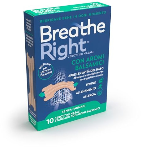 Breathe Right Cerottini Nasali Aromi Balsamici - Striscie Elastiche Apertura Narici con Mentolo, Eucalipto e Canfora - Allevia Congestione Nasale da Raffreddore, Allergie e Russamento - 10 Pezzi
