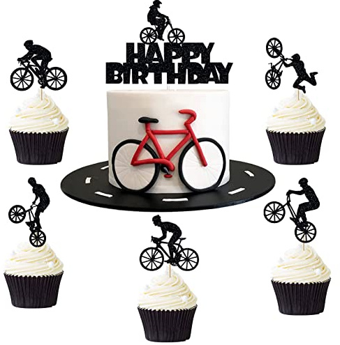 26 Piezas Toppers de Magdalena y Pastel de Bicicleta, Decoración de Tarta de Purpurina para Fiesta de Cumpleaños Temática de Bicicleta