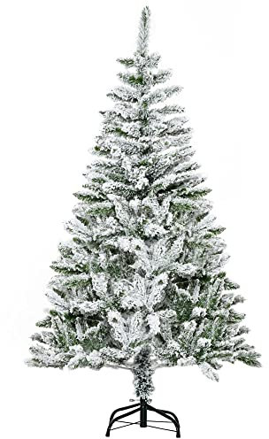 HOMCOM 5 Ft Snow Flocked Artificial Christmas Tree Xmas Pine Tree with Realistic Branches, Auto Open and Steel Base, Green