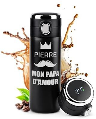 Maverton Bouteille isotherme personnalisable, Mug hermétique 400ml | Avec gravure pour homme, pour café, thé, Thermos avec afficheur LED, pour anniversaire, pour lui, Cadeau Noel, papa