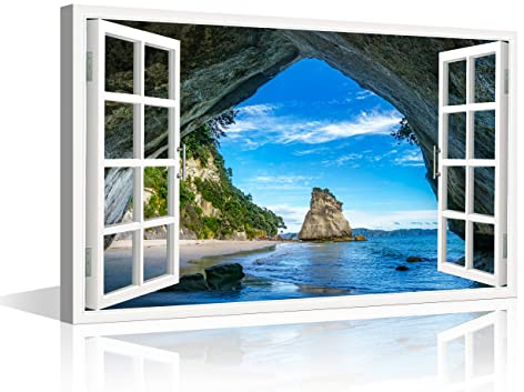 TISHIRON Toile murale 3D effet fenêtre Cave at Cathedral Cove Coromandel Peinture pour salon salle de bain à accrocher Tableaux muraux Art Bureau Impression sur toile encadrée prête à accrocher 40,6 x