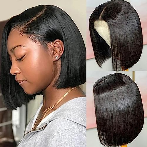 DUAUJUIU Short Bob Wig Perücke Echthaar Human Hair 13x4 Lace Frontal Wig Bob Wigs Perücke Natur Schwarz Transparent Lace Pre Plucked with Baby Hair 8 Zoll