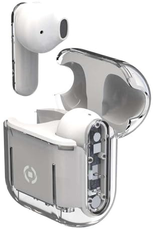 Celly, Cuffie Wireless Bluetooth, Auricolari Senza Filo con Custodia Trasparente, Compatibili con Smartphone e Tablet, Ricarica Veloce in 2 Ore, Colore Bianco