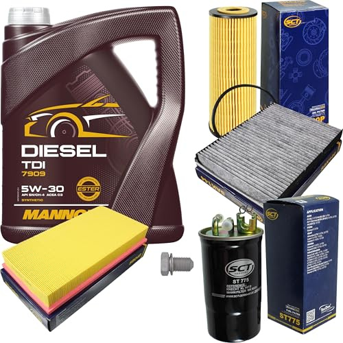 Inspektionspaket Wartungspaket Filterset mit 5 L Motoröl Diesel TDI 5W-30, Ölfilter, Luftfilter, Kraftstofffilter, Innenraumfilter (Aktivkohle), Verschlussschraube
