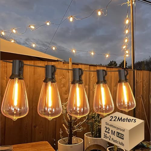 Skeerei 22M Festoon Lights Outdoor Mains Powered Led Garden String Lights with 36+2 LED ST38 Vintage Lights String for Patio, Bistro, Backyard, Home, Garden, Terrace, Party, Wedding