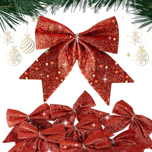 BHGT 24Pz Fiocchi Natalizi Glitterati Fiocchi Decorativi Nastro Fiocchetti Paillettes Decorazioni Natalizie Albero di Natale Ghirlanda Scatole Regalo Bomboniere Matrimonio Capodanno Fai da Te (Rosso)
