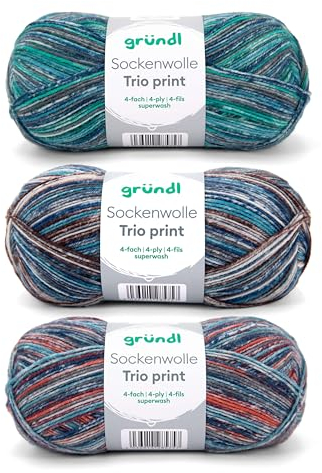 Gründl Wolle Sockenwolle Trio - Strickgarn für 3 Paar Socken - Strapazierfähig und hautfreundlich - 75% Schurwolle, 25% Polyamid - 3 Knäuel 100 g / 420 m - Nadelstärke 2,5-3 - blau kupfer