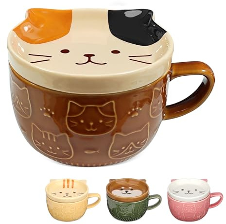 Bocguy Tasse en céramique pour chat, jolie tasse avec couvercle, mug amusante, tassen à café ou à thé pour les amoureux des chats, cadeau pour femmes, amis, enfants, Noël, anniversaire(marron)