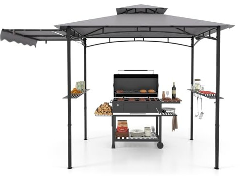 COSTWAY Gazebo per Barbecue, Pergola per BBQ con Tendalino Laterale, Tetto a 2 Livelli, 2 Ripiani Laterali, Ganci Appesi, Apribottiglie, per Giardino e Cortile, 318 x 153 x 250 cm (Grigio)
