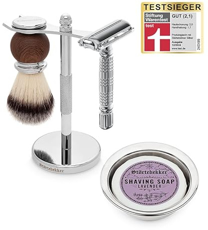 Störtebekker® Premium rakstativ set – med rakhyvel, rakborste, rakskål och raktvål lavendel – högkvalitativt rakset/skäggvårdsset – 8 dofter – presentidé män rakset