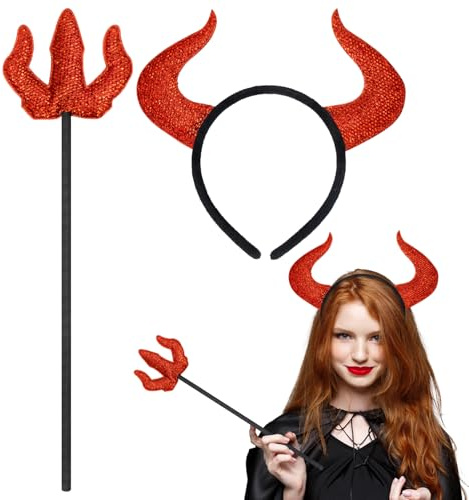 Red Devil Horns and Devil Fork Set 2pcs Devil Costume Women Devil Horns Headband and Devil Pitchfork Devil Accessories for Kids Adults Halloween Party Fancy Dress Cosplay Accessory Y7NJFGCZ