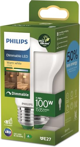 Philips Bombilla LED clásica, UltraEfficient,100W, 1535Lm, A60, E27 2700K, cristal mate, regulable