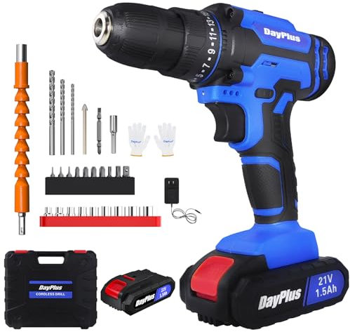 21V Cordless Drill Driver with LED Worklight, 0.8-10mm Clip Drill Bit, Electric Drill Set 45N.m, 25+1 Torque, 0-400/0-1400RPM, 1500mAh Battery and Charger Included