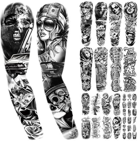 Yazhiji 46 Waterproof Temporary Tattoos For Adult, Chicano Large Full Arm Fake Tattoo Guadalupe Gangster Day of the Dead, Lowrider Style Culture Mexico Clown Tattoo Stickers for Men Women