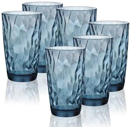 Vidrios de Levante Vaso Diamond Alto Color Azul 47cl – Set 6 Unidades – Vasos Elegantes y Resistentes – Ideal para Agua, Refrescos o Cócteles