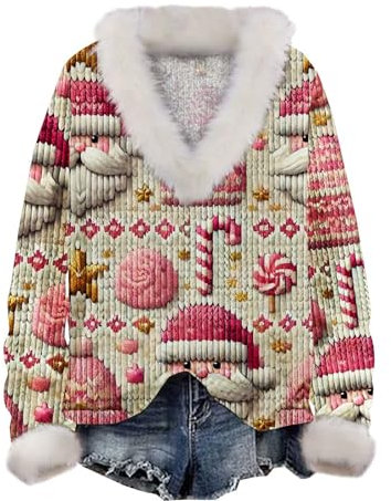 Weihnachtliches Damen-Sweatshirt 2024, weicher Winterpullover, Weihnachtsmotiv, Kunst-Pullover, Kapuzenpullover, gemütlich, weich, mit Pelzkragen, perfekte Strick-Tunika, Tops für Damen, hot pink, S