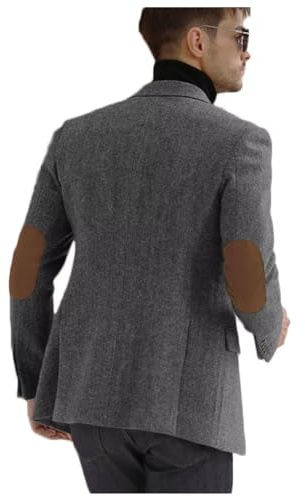 Herrenblazer, Fischgrätenmuster, lässig, Ellenbogen-Patch, modisch, Sport, Mäntel, einreihig, formelle Jacke, Fischgrätenmuster, Dunkelgrau, 3XL