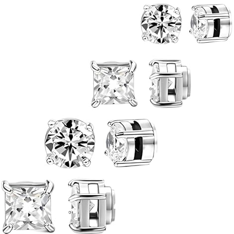 CJQRL 4 Pares Pendientes Magnéticos, Pendientes Falsos para Hombre y Mujer, con Circonita Cúbica Plateada, Clip No Perforante, Oreja Falsa 6/7mm