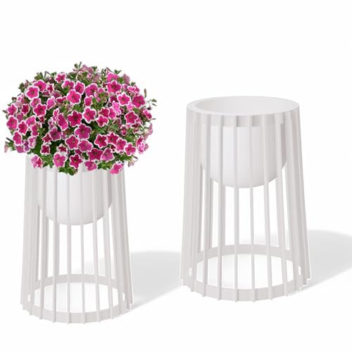 MELTOM Blumenkübel Blumentopf Pflanztopf Rund Dekorativ Ständer Plastikständer (Weiß, XL Topf + XL Ständer)