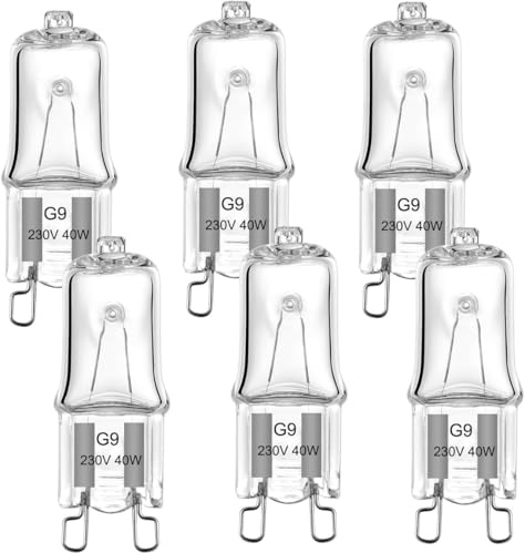 VINBE 40W G9 Halogenlampe, 40W T4 JCD Dual Pin 480lm 230V,Verwendet für Kronleuchter, Schrankleuchten, Landschaftsleuchten, Wandleuchten,Dimmbar, 2700K Warmweiß (6 Stück)