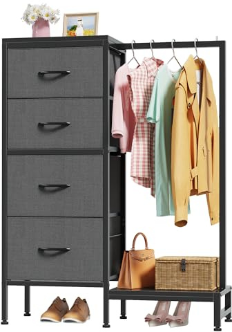 OYRREU Kommode mit 4 Schubladen, Schubladenschrank Kleiderstange, Grau | 110cm Hoch Kleiderschrank Garderobenschrank mit Kleiderständer & Kommode, offen, Kinderzimmer Schlafzimmer Wohnzimmer Hallway