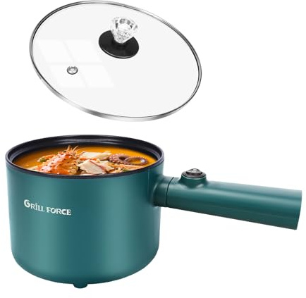 GRILL FORCE Hot Pot Electric, 1.8L Ramen Cooker, Portable Cooker, Non-Stick Frying Pan, Electric Pot for Pasta, Egg, Steak, Over-Heating Protection, Dual Power Control, Suit Dorm Room, Travel,RV,Hotel