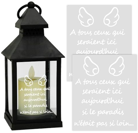 Pegatinas conmemorativas para linterna de boda, lote de 2, mensaje en francés con alas de ángel para pegatinas de recuerdo difunto boda, pegatina boda pensamientos fallecidos, homenaje fallecido