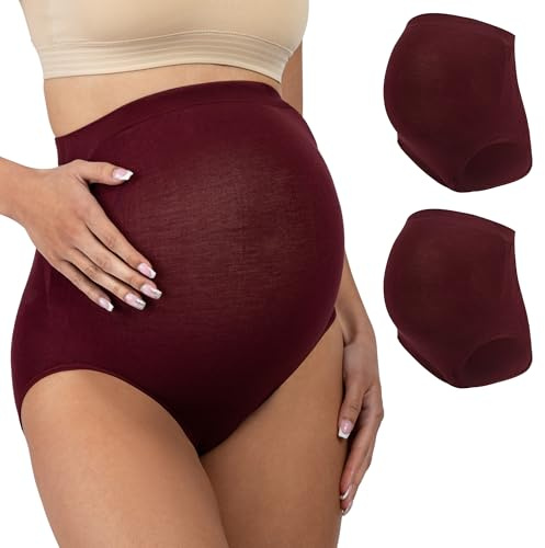 Be Relax Maternity Briefs - Pregnancy Underwear for Women - High Waist Over Bump, Belly Support Pregnancy Undergarment - Cotton/Nylon Blend Maternity Panties 2 Pack - Wine (Medium)