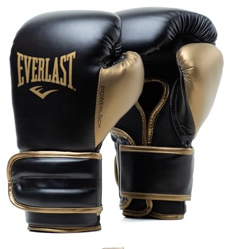 Guantes de Boxeo Everlast Powerlock 2R 10oz, Negro/Dorado, para Saco y Sparring, Soporte de Muñeca Avanzado, Espuma Cuádruple, Agarre Ergonómico - Equipo Auténtico