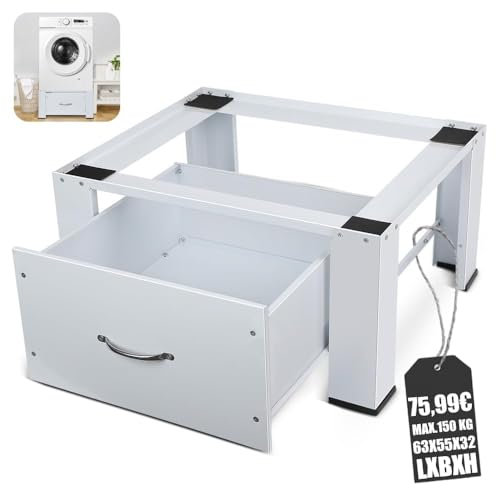 Base para lavadoras, base para secadora con cajones, 63 x 54,5 x 32 cm, hasta 150 kg, pedestal estable antideslizante de acero, elevador para frigorífico, Rockner, congelador