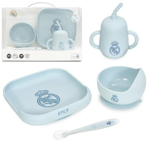Interbaby - Set de Vajilla Infantil 4 Piezas de Silicona Real Madrid Azul| Plato, Bol, Cuchara y Taza |Apto para Microondas y Lavavajillas | Libre de BPA