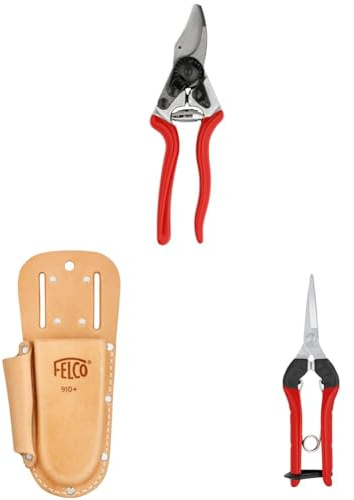 FELCO 16 Linkshänder-Gartenschere mit Lederholster 910+ und Leseschere 322 – Kompaktes Linkshänderset für feine Ernte- und Gartenarbeiten