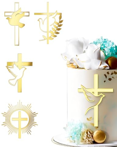 JUKOTA 4pz Topper Torta Croce Decorazione Torta Croce Dorato in Acrilico Croce per Decorazione Torta Cake Prima Comunione Matrimonio Battesimo Cresima Oro,croce dorato topper,croce