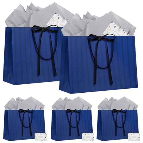LVNRIDS 5 Stück Geschenktüte Groß mit Henkel blau, 32x11x25cm Geschenktüten mit 5 Grußkarten 5 Seidenpapier, Geschenktasche für Hochzeit Geburtstag Geschenk Party Weihnachten Thanksgiving