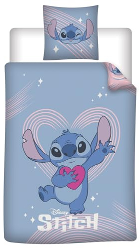Stitch Funda Nórdica Cama 90 140x200 + Funda Almohada 65x65 Botones Regalo | Ropa de cama reversible individual | Guiño cómplice de Stitch | Estrellas fugaces minimalistas | Disney oficial