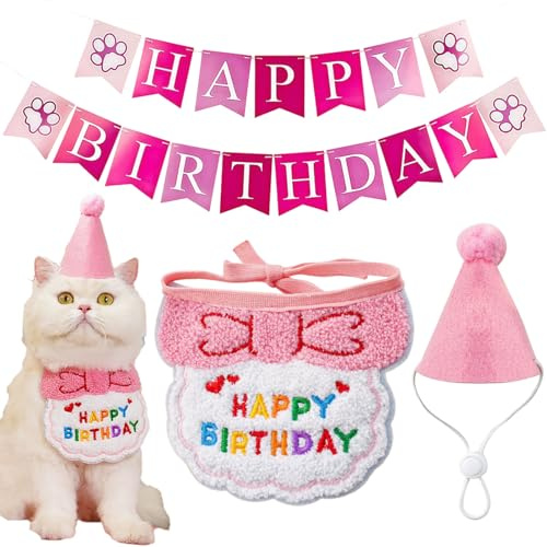 SSKHE Katze Hund Geburtstag Hut Schal Banner Set Bandana Kleidung & Zubehör für kleine Hunde Katze, Mini Party Hüte für Spielzeugtiere Kätzchen Outfit Geschenk für liebe Katze (Rosa, Einheitsgröße)