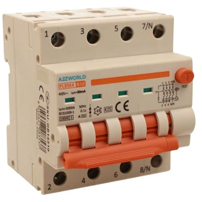 Leitungsschutzschalter, magnetisch, dreiphasig, 380 V, Typ A 10 A, B10, 4P echt (NO 3P+N), Kurve B 6 kA 30 mA, Doppelhebel mit visueller Diagnose, 4 DIN-Module, Serie PL8M4