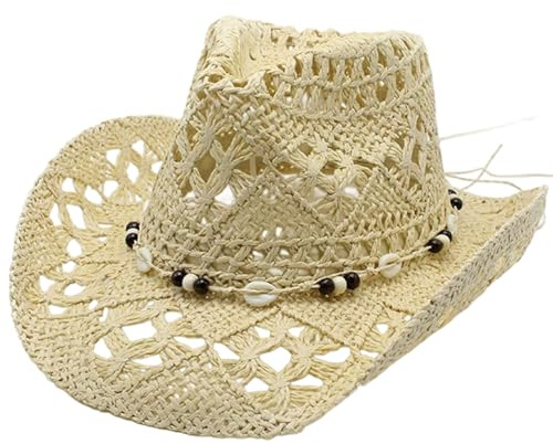 Sombrero de Vaquero de Paja, Sombrero de Vaquera de Paja de ala Ancha con protección Solar, Gorra Occidental Enrollable Hueca Transpirable con Cordel de Cuentas para Vacaciones de Verano en la Playa