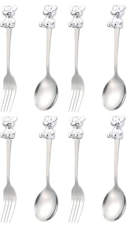 Cuchara de acero inoxidable con forma de oso y tenedor, cuchara de arroz para el hogar, cuchara ampliada y gruesa, cuchara agitadora de café (8 piezas)