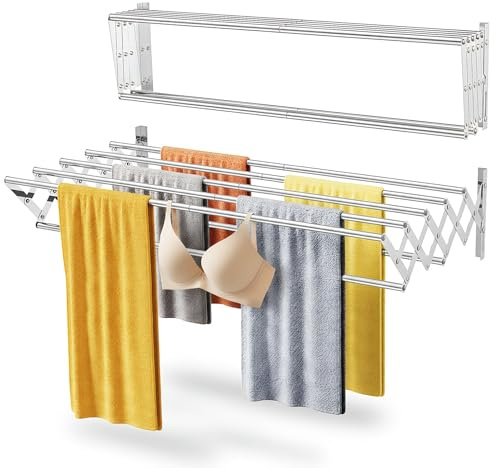 AONAT Tendedero Extensible Pared, Tendedero Pared Plegable Retractil con 7 Barras, Tendederos Plegable de Pareds de Interior o Exterior Apto, Acero Inoxidable, 60x52x18.5cm